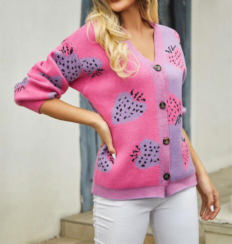 Women's Cute Strawberry Graphic Cardigan Sweaters Button Down Color Block Knit Jacket Trendy Y2K Aesthetic Preppy Clothes in Kuwait