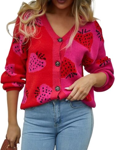 Women's Cute Strawberry Graphic Cardigan Sweaters Button Down Color Block Knit Jacket Trendy Y2K Aesthetic Preppy Clothes in Kuwait