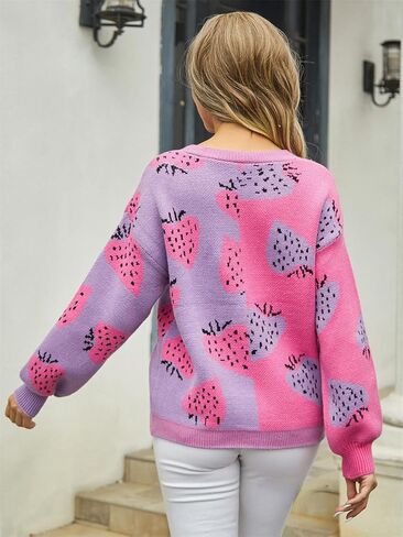 Women's Cute Strawberry Graphic Cardigan Sweaters Button Down Color Block Knit Jacket Trendy Y2K Aesthetic Preppy Clothes in Kuwait