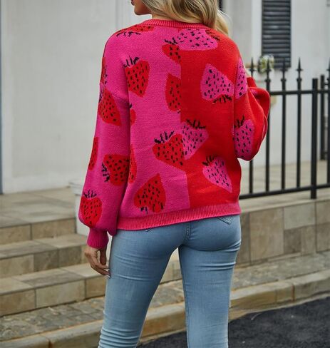Women's Cute Strawberry Graphic Cardigan Sweaters Button Down Color Block Knit Jacket Trendy Y2K Aesthetic Preppy Clothes in Kuwait