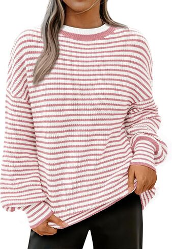 PRETTYGARDEN Women's Sweaters 2024 Puffy Long Sleeve Crewneck Soft Loose Pullover Tops Chunky Knitted Striped Sweater in Saudi Arabia