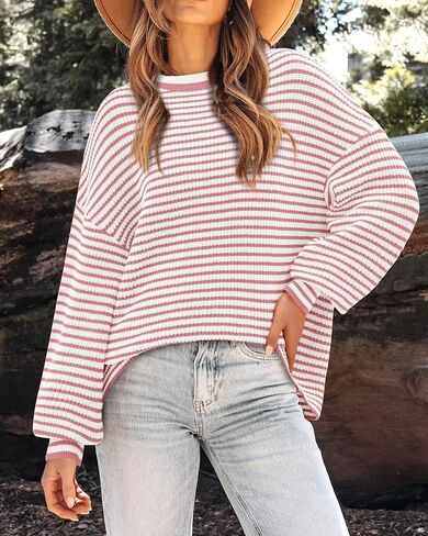 PRETTYGARDEN Women's Sweaters 2024 Puffy Long Sleeve Crewneck Soft Loose Pullover Tops Chunky Knitted Striped Sweater in Saudi Arabia
