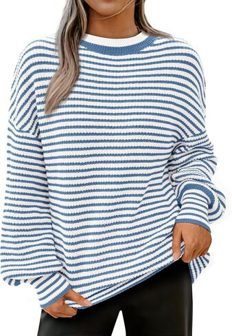 PRETTYGARDEN Women's Sweaters 2024 Puffy Long Sleeve Crewneck Soft Loose Pullover Tops Chunky Knitted Striped Sweater in Saudi Arabia