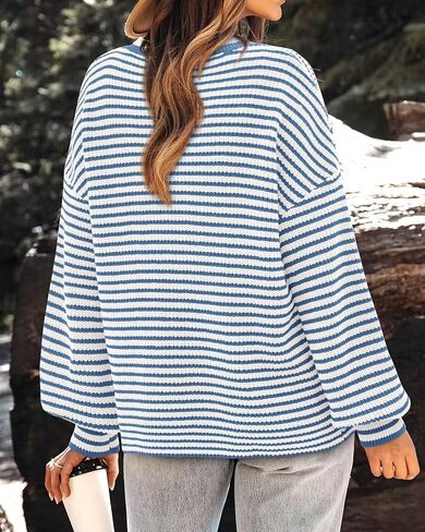 PRETTYGARDEN Women's Sweaters 2024 Puffy Long Sleeve Crewneck Soft Loose Pullover Tops Chunky Knitted Striped Sweater in Saudi Arabia