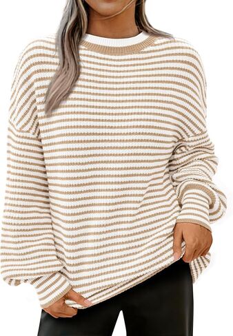 PRETTYGARDEN المرأة البلوزات 2024 منتفخ كم طويل Crewneck لينة فضفاضة البلوز القمم مكتنزة محبوك سترة مخططة in Saudi Arabia