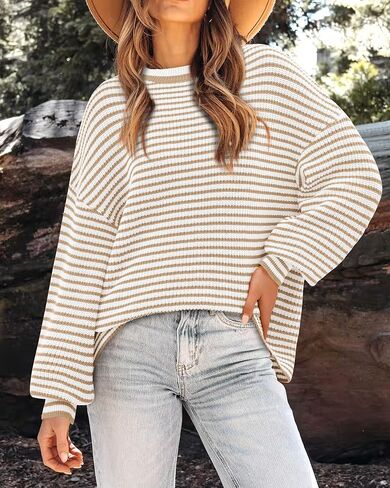PRETTYGARDEN المرأة البلوزات 2024 منتفخ كم طويل Crewneck لينة فضفاضة البلوز القمم مكتنزة محبوك سترة مخططة in Saudi Arabia
