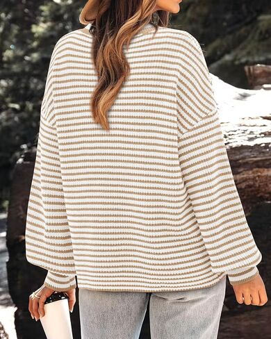 PRETTYGARDEN المرأة البلوزات 2024 منتفخ كم طويل Crewneck لينة فضفاضة البلوز القمم مكتنزة محبوك سترة مخططة in Saudi Arabia