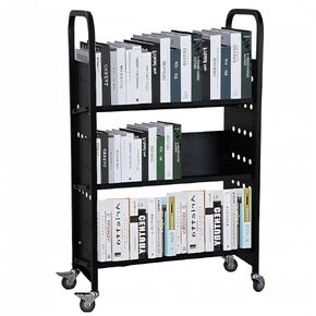 MERXENG Book Cart, 200LBS Library Cart, 30x14x49 V-Shaped Rolling Book Cart with 4 Inch Lockable Wheels for Libraries, Offices, Home Shelves, and Schools, Black