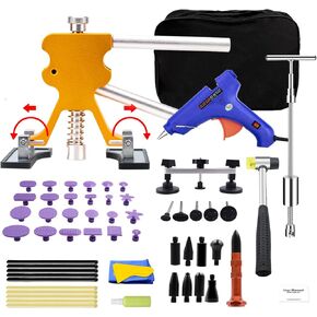 BlueFire Auto Body Paintless Dent Removal Kit 58pcs Car Dent Removal Kit Auto Dent Puller Kit Pops A Dent Car Repair Kit with Golden Lifter, Bridge Puller & Glue Gun for Car Hail Damage Door Ding Fix