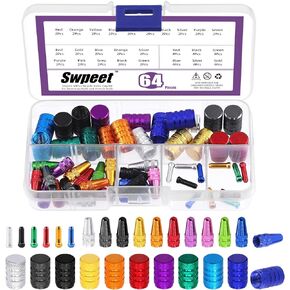 Swpeet 64Pcs 3 Styles Bike Cable End Caps Assortment Kit, Multi Color Anodized Aluminum Alloy Cycling Valve Cap Adapter Cap Bicycle Bike Tire Caps for Bicycle Bike Tire Caps