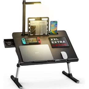 SAIJI Laptop Bed Tray Desk with LED Desk Light, Adjustable Laptop Stand for Bed, XX-Large PVC Leather Foldable Laptop Table with Book Stand, Wrist Rest, Extra Leg Room (Gray)