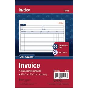 Adams Invoice Book, 3-Part, Carbonless, 5-9/16 x 8-7/16 Inches, 50 Sets per Book (T5080),White/Canary/Pink