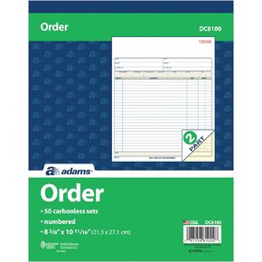 Adams Order Book, 2-Part, Carbonless, White/Canary, 8-3/8 x 10-11/16 Inches, 50 Sets per Book (DC8100) , 1 pack