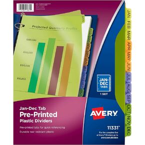 Avery Pre-Printed Jan-Dec Plastic Dividers for 3 Ring Binders, 12-Tab Set, Multicolor, 1 Set (11331)