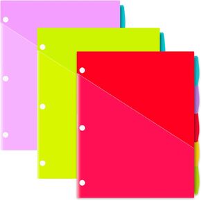 Plastic 8-Tab Binder Dividers with 2 Pockets - 3 Sets, 24 pcs Multicolor Pocket Dividers with 3 Holes for 3 Ring Binders,Total 24 Tabs