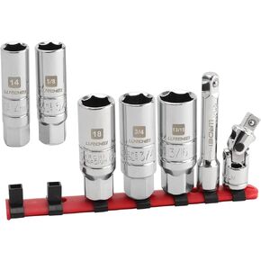 LLNDEI 3/8 Inch Drive Spark Plug Socket Set SAE & Metric, High Visibility 6 Point Sockets CR-V Steel, Mirror Polished Sockets with Rubber Retaining Rings-Spark Plug Removal Tool for Car Repair 7PCS