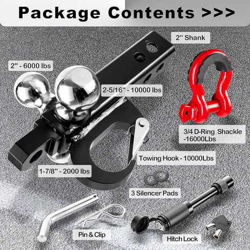 وصلة وصلة مقطورة ثلاثية الكرات على شكل حرف T مع دبوس وقفل وخطاف سحب وسلسلة سحب دوارة 360 درجة، تناسب جهاز استقبال 2 بوصة مع كرة وصل 1-7/8 بوصة، 2 بوصة، 2-5/16 بوصة، 16000 رطل كحد أقصى in Kuwait