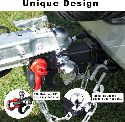 وصلة وصلة مقطورة ثلاثية الكرات على شكل حرف T مع دبوس وقفل وخطاف سحب وسلسلة سحب دوارة 360 درجة، تناسب جهاز استقبال 2 بوصة مع كرة وصل 1-7/8 بوصة، 2 بوصة، 2-5/16 بوصة، 16000 رطل كحد أقصى in Kuwait