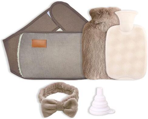 حقيبة زجاجة ماء ساخن 3 في 1 من Anlising، حقيبة ماء دافئ، حقيبة زجاجة ساخنة، زجاجة ماء ساخن مع غطاء للخصر، حقيبة زجاجة ماء ساخن مع حزام ناعم + عصابة رأس + قمع، لتخفيف آلام الخصر والرقبة الخلفية (بني) in Kuwait