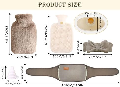 حقيبة زجاجة ماء ساخن 3 في 1 من Anlising، حقيبة ماء دافئ، حقيبة زجاجة ساخنة، زجاجة ماء ساخن مع غطاء للخصر، حقيبة زجاجة ماء ساخن مع حزام ناعم + عصابة رأس + قمع، لتخفيف آلام الخصر والرقبة الخلفية (بني) in Kuwait