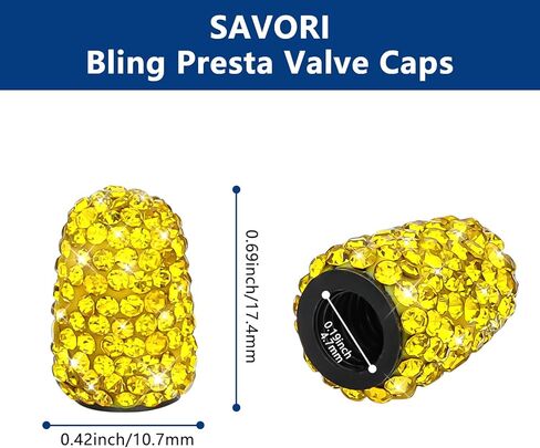 أغطية صمامات SAVORI Presta، (للدراجات على الطرق فقط) 2 عبوة من أغطية جذع صمام الإطارات المصنوعة يدويًا من حجر الراين، أغطية إطارات هوائية للدراجات الفرنسية (أصفر ليموني) in Kuwait