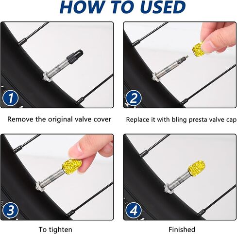 أغطية صمامات SAVORI Presta، (للدراجات على الطرق فقط) 2 عبوة من أغطية جذع صمام الإطارات المصنوعة يدويًا من حجر الراين، أغطية إطارات هوائية للدراجات الفرنسية (أصفر ليموني) in Kuwait