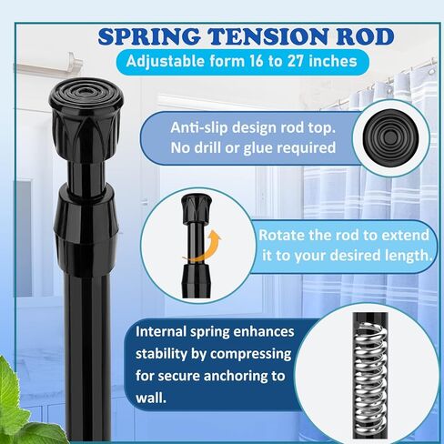 Bivbov قضيب ستارة التوتر - 16 إلى 26 بوصة قضبان توتر زنبركية قابلة للتعديل رفوف تجفيف للغسيل بدون حفر - قضبان ستارة شد صغيرة سوداء قابلة للتوسيع للخزانة وستائر المدخل in Kuwait