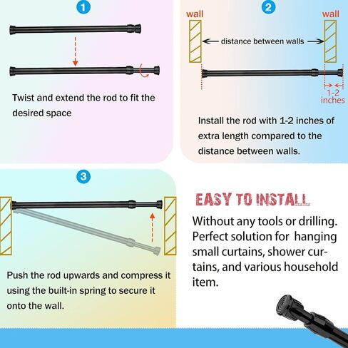 Bivbov قضيب ستارة التوتر - 16 إلى 26 بوصة قضبان توتر زنبركية قابلة للتعديل رفوف تجفيف للغسيل بدون حفر - قضبان ستارة شد صغيرة سوداء قابلة للتوسيع للخزانة وستائر المدخل in Kuwait