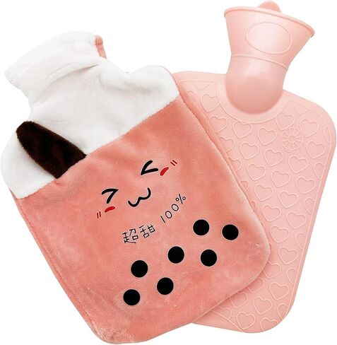 عبوة واحدة (1 لتر) زجاجة ماء ساخن لطيفة مع غطاء، كيس كبير من الماء البارد/الساخن لتخفيف الألم، آلام الكتف، كيس ماء دافئ لليدين والقدمين، التشنجات، علاج دافئ وساخن وبارد (شاي الفقاعات الوردي) in Kuwait