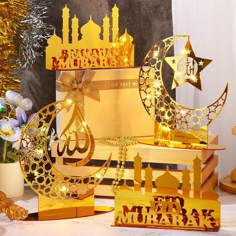 Capoda 4 Pieces Ramadan Acrylic Ornaments with LED String Lights Eid Mubarak Tabletop Decorations Light up Moon Star Castle Table Sign Ramadan Mubarak Table Ornaments for Islamic Muslim Party Supplies in Saudi Arabia