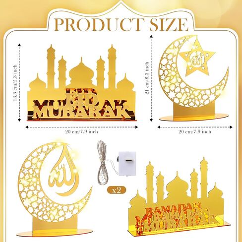 Capoda 4 Pieces Ramadan Acrylic Ornaments with LED String Lights Eid Mubarak Tabletop Decorations Light up Moon Star Castle Table Sign Ramadan Mubarak Table Ornaments for Islamic Muslim Party Supplies in Saudi Arabia