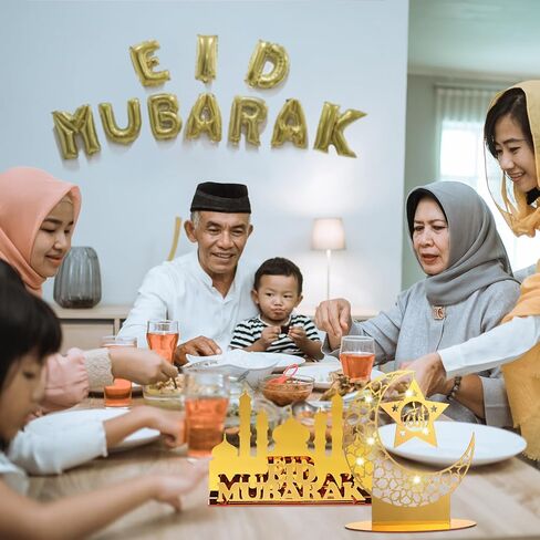 Capoda 4 Pieces Ramadan Acrylic Ornaments with LED String Lights Eid Mubarak Tabletop Decorations Light up Moon Star Castle Table Sign Ramadan Mubarak Table Ornaments for Islamic Muslim Party Supplies in Saudi Arabia