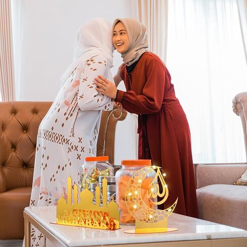 Capoda 4 Pieces Ramadan Acrylic Ornaments with LED String Lights Eid Mubarak Tabletop Decorations Light up Moon Star Castle Table Sign Ramadan Mubarak Table Ornaments for Islamic Muslim Party Supplies in Saudi Arabia