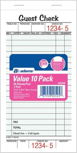 Adams Guest Check Pads, Single Part, Perforated Guest Receipt, 8.6 x 17.2 cm, 50 Sheets per Pad, 10 Pack (525SW) in Saudi Arabia