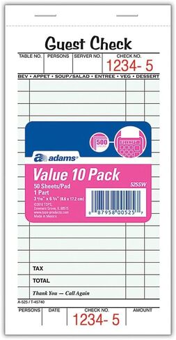 Adams Guest Check Pads, Single Part, Perforated Guest Receipt, 8.6 x 17.2 cm, 50 Sheets per Pad, 10 Pack (525SW) in Saudi Arabia
