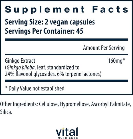 العناصر الغذائية الحيوية - الجنكة (مستخلص 50:1) - تدعم حدة العقلية والدورة الدموية - 90 كبسولة في كل زجاجة - 80 مجم in Kuwait