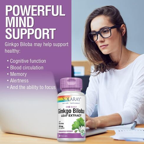 Solaray One Daily Ginkgo Biloba Leaf Extract | الدورة الدموية الصحية، ودعم وظائف الذاكرة والدماغ (60 كبسولة نباتية) (60 كبسولة نباتية) in Kuwait