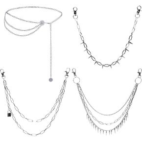 4 Pcs Waist Chain Belt Jeans Pants Chain Punk Pocket Waist Chain Multilayer Hip Hop Metal Trouser Chain, Silver Chain Belt for Women Dress Body Belly Chain Goth Accessories for Men Women Y2k Christmas
