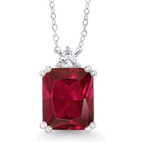 Gem Stone King 925 Sterling Silver Gemstone Birthstone and White Moissanite Pendant Necklace For Women | Emerald Cut 12X10MM | Trillion 3.5MM | with 18 Inch Chain