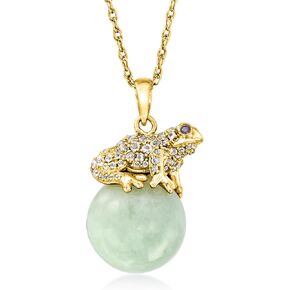 Ross-Simons Jade and .70 ct. t.w. White Topaz Frog Pendant Necklace With Sapphires in 18kt Gold Over Sterling. 18 inches