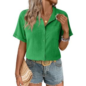 Zeagoo Womens Short Sleeve Button Down Shirt Casual Loose Fit Blouses Chest Pocket V Neck Collared Summer Tops