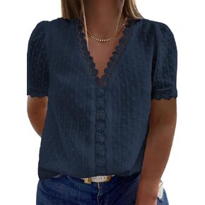 Happy Sailed Womens Plus Size Lace Crochet V Neck Boho Shirts Casual Loose Short Sleeve Chiffon Blouses Tops(1X-5X)