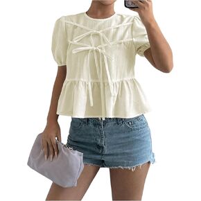 SHENHE Women's Bow Tie Front Babydoll Top Short Puff Sleeve Ruffle Hem Peplum Blouse Top