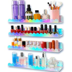 Pinkunn 4 Pack Scalloped Iridescent Acrylic Floating Shelves 15.7 Inch Rainbow Clear Book Shelf for Room Wall Mounted Floating Shelf Modern Storage Display Organizer Decor for Perfume Skincare