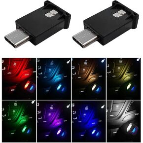 2 PCS USB Type C LED Ambient Light, Adjustable 8 Colors RGB Mini LED Lamp, Romantic Atmosphere Type-C LED Night Lamp for Car, Laptop, Home, Universal Car Accessories