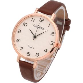 Top Plaza Womens Ladies Analog Quartz Wrist Watch Fashion Simple Watch with Thin Brown Leather Band Arabic Numerals