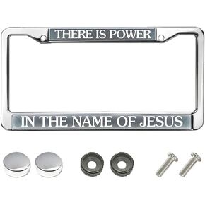 License Plate Frame Jesus Quote There is Power in The Name of Jesus Grey Religious Slogan 2 Holes with Screws Caps