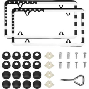 2 PCS American Flag License Plate Frames, Front Rear Patriotic USA Car Plate Frame, Aluminum License Plate Holder with Free Screws Fasteners Caps and Tool, Universal Car Accessory (Black)