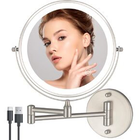 9" Wall Mounted Lighted Makeup Mirror,4000mAh Rechargeable Double Sided 1X/10X Magnifying Mirror with Light,3 Color Lights,Touch Dimmable,Extended Arm 360 Rotation Wall Mounted Makeup Mirror