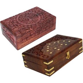 Ajuny Hand Carved Wooden Jewelry Boxes Set of 2 Tree of Life and Taj Design Solid Multipurpose Keepsake Storage Organizer Treasure Chest Decorative Trinket Holder Gifts 8x5 Inch